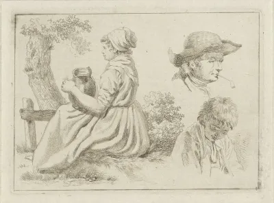 Zittende vrouw met schenkkan, portret van een man met pijp en een jongen