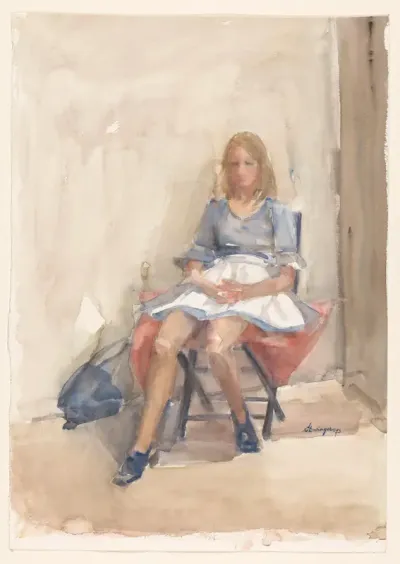 Zittende vrouw met schort