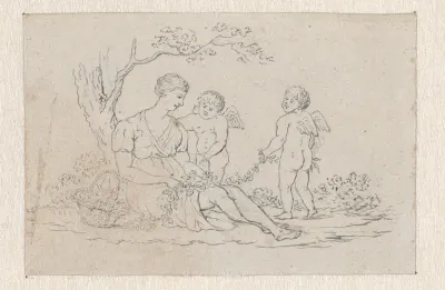 Zittende vrouw met twee putti met bloemenguirlande