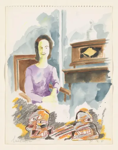 Zittende vrouw, twee koppen