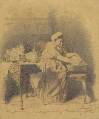 Zittende vrouw, vaatwerk wassend