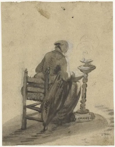 Zittende vrouw, van achteren, werkend bij een olielamp