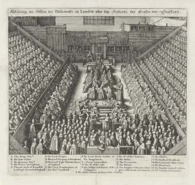 Zitting van het Britse parlement tijdens de berechting van Thomas Wentworth, 1e graaf van Strafford, 1641