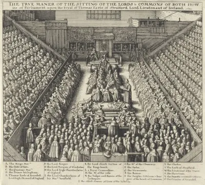 Zitting van het Britse parlement tijdens de berechting van Thomas Wentworth, 1e graaf van Strafford, 1641
