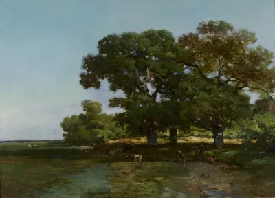Zomerlandschap (koeien onder geboomte aan rivieroever)