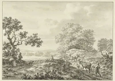 Zomerlandschap met herder met twee koeien en schapen