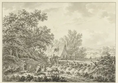 Zomerlandschap met schapenherder bij boerderij