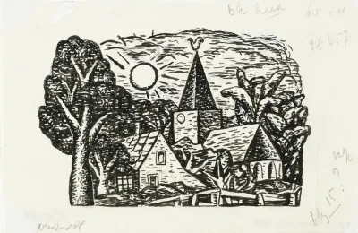 Zonder titel (Dorpsgezicht met kerk en zon, vignet voor biografie van Gestel door Prof. W. van der Pluym)