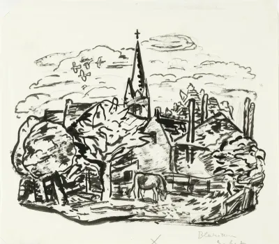 Zonder titel (Gezicht op dorp Blaricum met grazende koe)