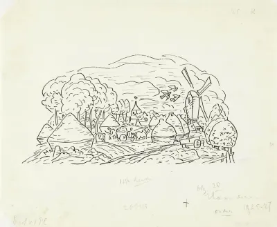 Zonder titel (Landschap met hooimijten, molen en kerktoren)