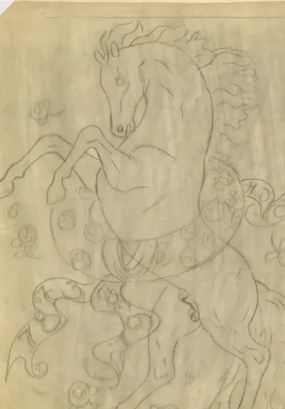 Zonder titel Steigerend paard met decoratieve bloemenkrans