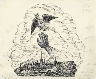 Zonder titel Vignet voor biografie van Gestel door Van der Pluym, gezicht op Woerden met daarboven een hand die reikt naar een gevleugeld palet