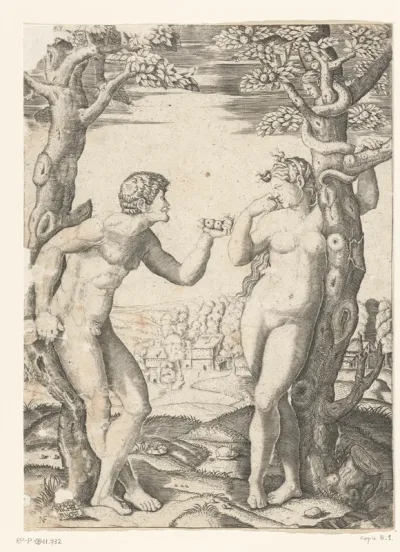 Zondeval van Adam en Eva bij boom van kennis van goed en kwaad met slang