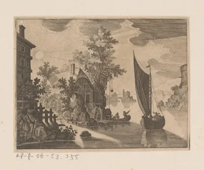 Zonsondergang boven een molen aan een rivier met schip