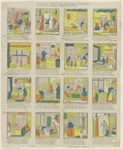 Zoo mans- als vrouwen-werk, van kunstenaars, ambachtsliên, / En winkeliers, kunt gy, ô kinderen! hier zien
