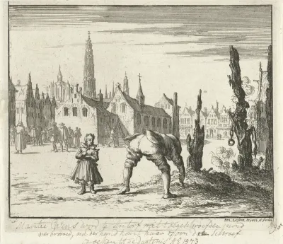 Zoon van de te Antwerpen verbrande Mayken Wens zoekt in de as de mondschroef, die men zijn moeder had aangelegd, 1573