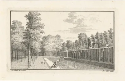 Zorgvliet: de vijver ten oosten van de tuin achter het huis met Abraham Trembley en de zoontjes Bentinck die naar poliepen vissen