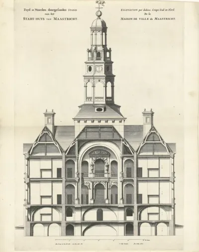 Zuid-noord doorsnede van het stadhuis van Maastricht