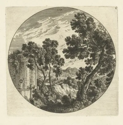 Zuidelijk berglandschap met bomen en bron in rond kader