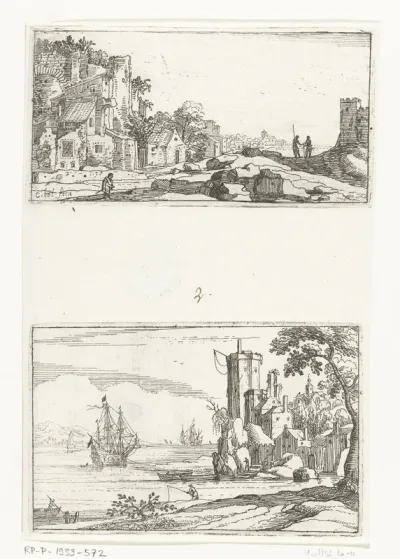Zuidelijk landschap en Gezicht op een baai met galjoen