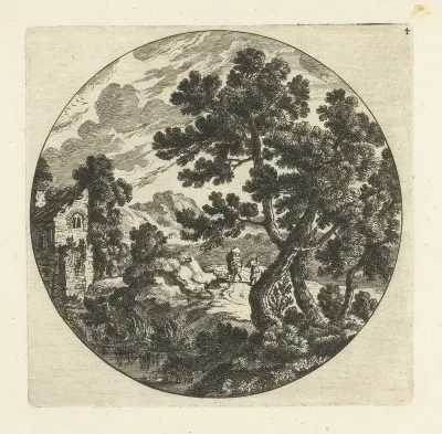 Zuidelijk landschap met bomen en figuren op weg bij vervallen huis in rond kader