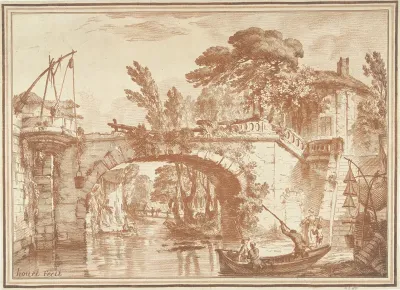 Zuidelijk landschap met brug en huizen bij rivier