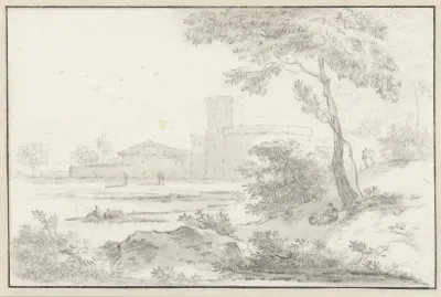 Zuidelijk landschap met een fort op de achtergrond