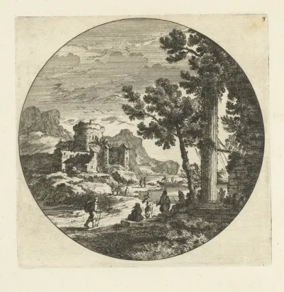 Zuidelijk landschap met figuren bij haven aan rotsachtige kust met rond kader