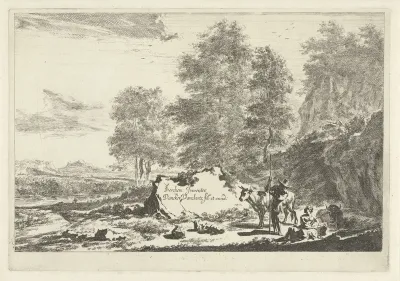 Zuidelijk landschap met herder met lange staf en herderin in gesprek bij rotsen