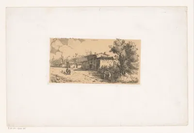 Zuidelijk landschap met huizen en figuren