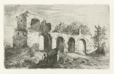 Zuidelijk landschap met ruïne en herder met vee
