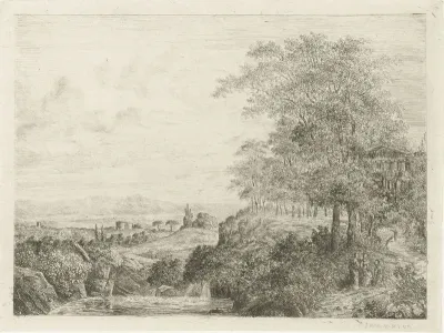 Zuidelijk landschap met tempel en figuren