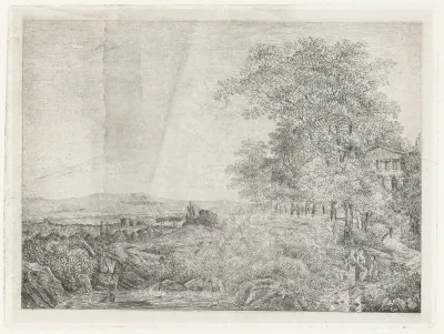 Zuidelijk landschap met tempel en figuren