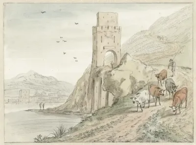 Zuidelijk rivierlandschap met bergen en een poort