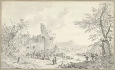 Zuidelijk rivierlandschap met ruïne en kermisklanten