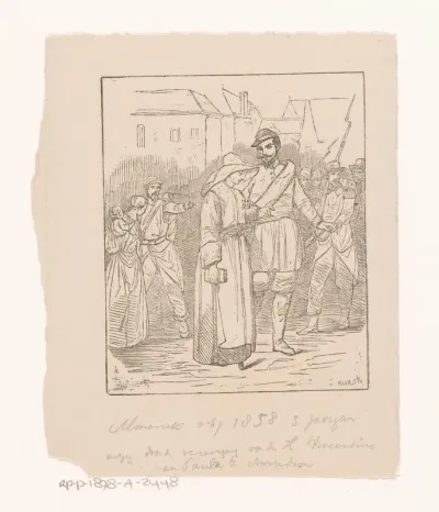 Zuster met een ruiter te midden van soldaten