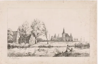 Zwanen op het water en kasteel op de achtergrond