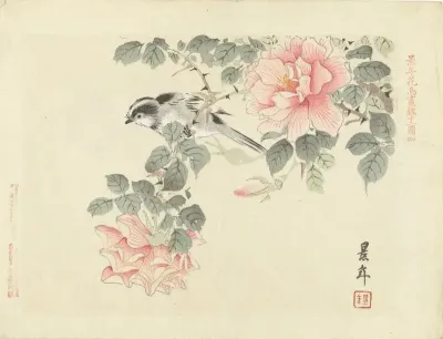 Zwart-wit vogeltje tussen roze rozen