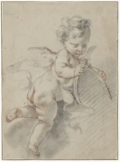 Zwevende putto met een toiletspiegel
