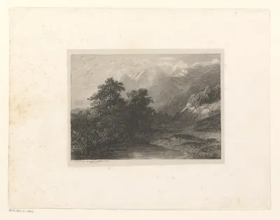 Zwitsers berglandschap met figuren langs een pad aan het water