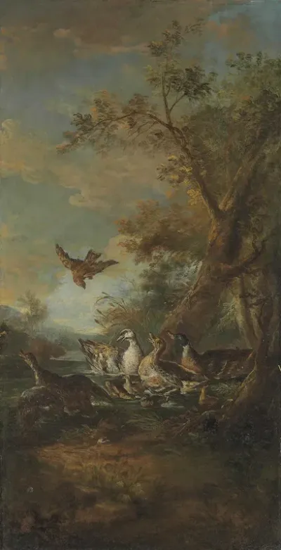 A Bird Of Prey Ducks And Ducklings In A Landscape