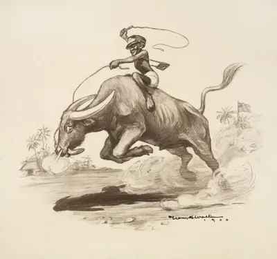 A Black Man Rides A Bucking Water Buffalo Which Is Tiring While An American Flag Flies In The Background