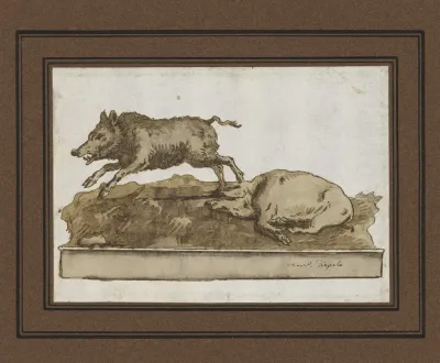 A Boar Galloping To The Left And A Sleeping Sow On The Base