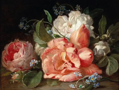 A Bouquet Of Flowers With Roses And Forget Me Nots