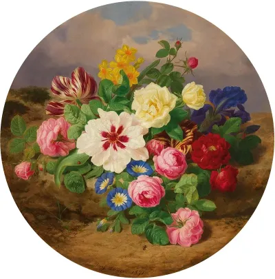 A Bouquet Of Roses Tulips And Narcissus On Sandy Ground