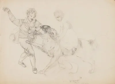 A Boy And A Girl Playing With A Large Dog
