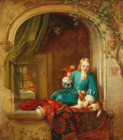 A Boy At The Window With Small Dog And Parrot