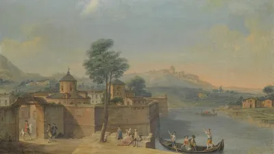 A Capriccio View Of A Walled Town With Elegant Figures On The River