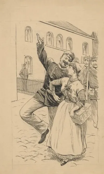 A Cheerful Soldier Takes A Young Maid Who Is At Work By The Arm She Does Not Share His Enthusiasm