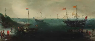 A Coastline With Ships And Figures On The Shore